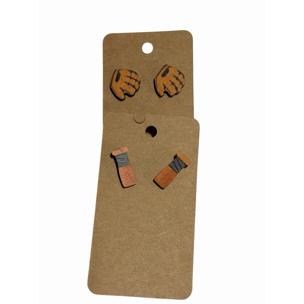 Handmade Wooden Baseball Stud Earringsā Set Glove and Bat Sports Jewelry 2 Pairs